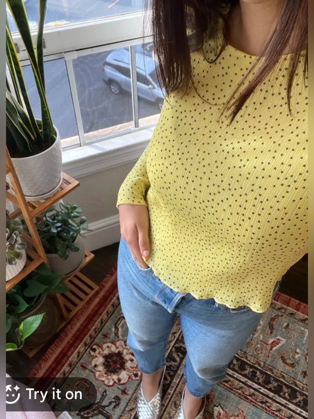 Zara Yellow Ribbed Long-Sleeve Top with Black Dot Print